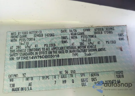 2006 Ford E-150 Commercial/Recreational из США, поврежденный, VIN 1FTRE14W76DB05018